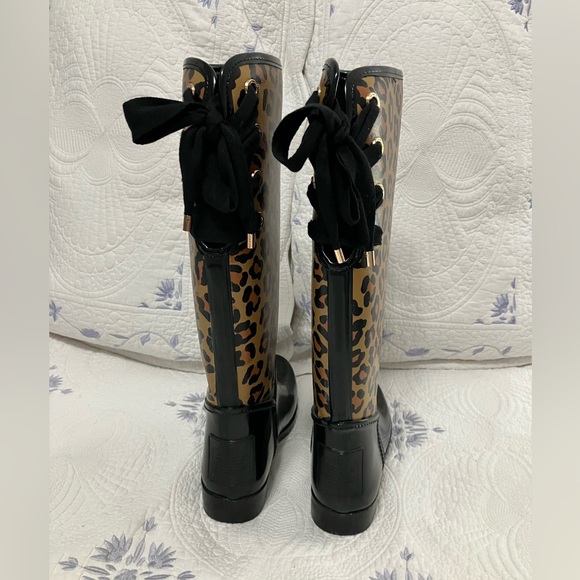 COACH Leopard/Solid Black Rain Boots with Gold Coach Grommets, Black/Gold Laces - Picture 2 of 16